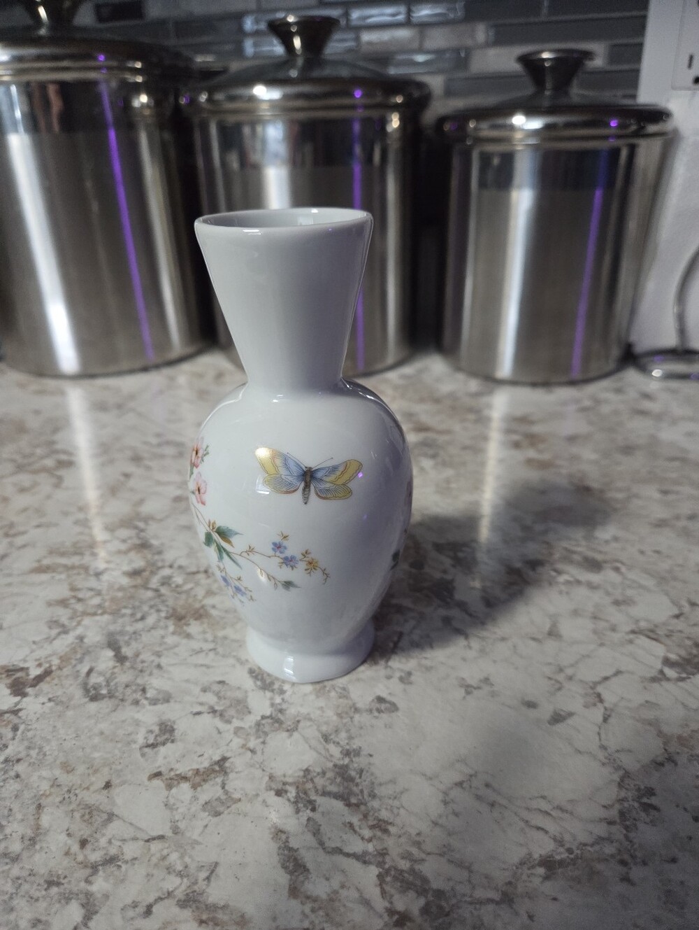 Vintage Limoges France White Porcelain Small Vase 5.5 Inches, Floral, Butterfly - Picture 3 of 8